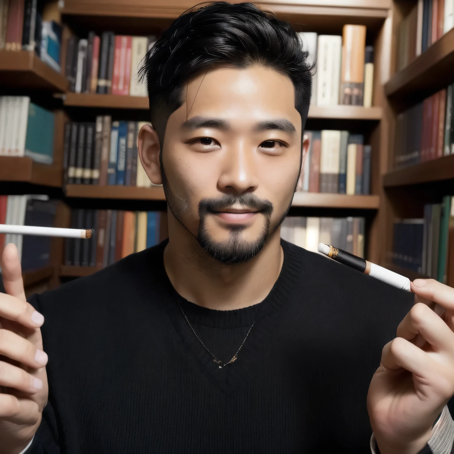 a close up of a person with a cigarette in a library, japanese man with cigarrete, he is 40 years old, he has black hair and black beard, his hairstyle is undercut, Short hair, he was smiling, he has big atletic body