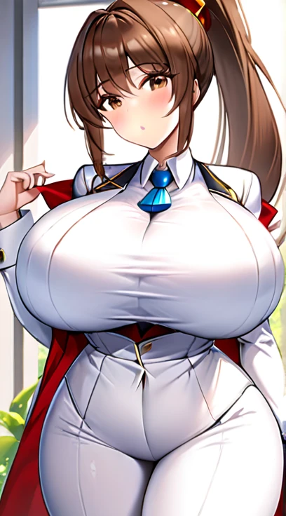 White suit,Big Breasts,Super Breasts,Brown Hair,Long Ponytail