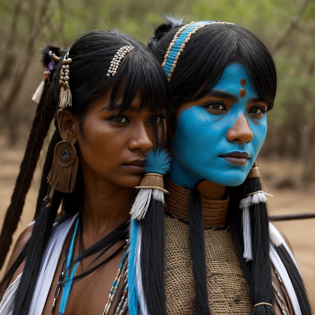 I want you to create a character. She is a young 25-year-old woman with the typical characteristics of the Apache people. Her long, straight black hair frames a face with tanned skin, common among her people. His light blue eyes contrast with the color of his skin, creating a penetrating and expressive look. She wears traditional clothing from her tribe, made from animal skin, and her face is painted black as part of a war ritual. she is a warrior