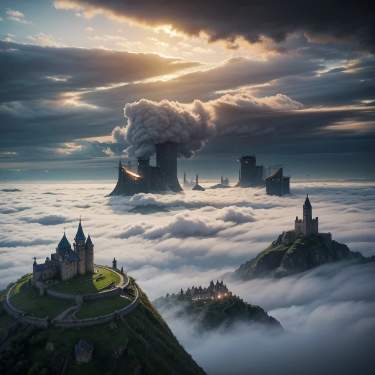 Medieval big city Windy highlands, wind towers and cities built on top of dense clouds.