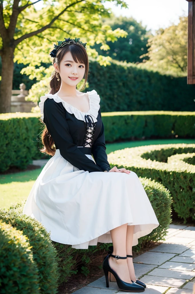 (Only one person), Pure Japanese young girl, wearing white gothic ta style dress and accessories, classical high heels, vivid makeup and lips, thick eyebrows, arranged hair styles, sweet smile, sitting in traditional garden, summer sunshine, professional photography,