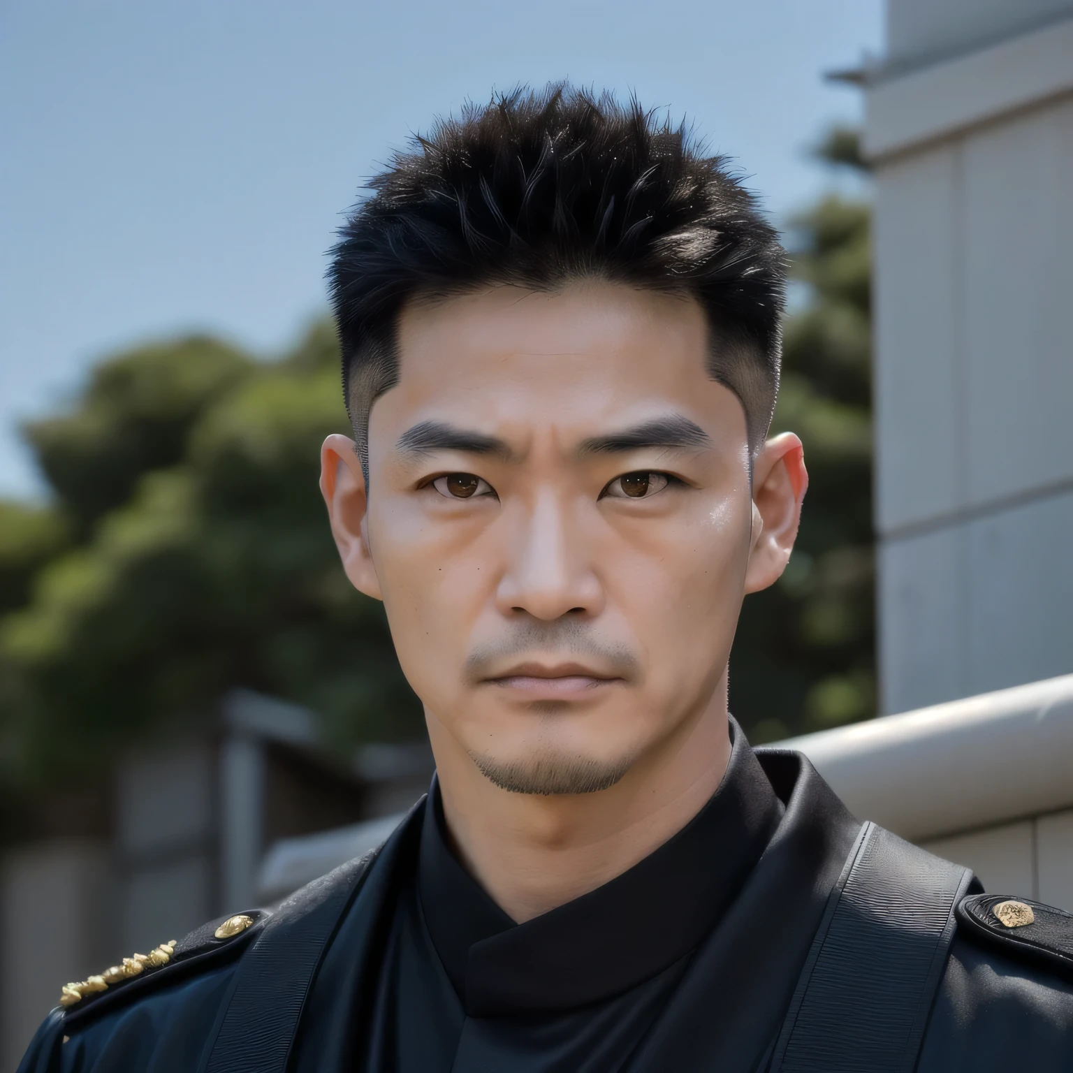 a close up of a person with angry face, japanese, he is 50 years old, he has black hair, his hairstyle is Military Crew Cut
, bald hair, he has sharp eyes, wolf eyes type, he has big atletic body