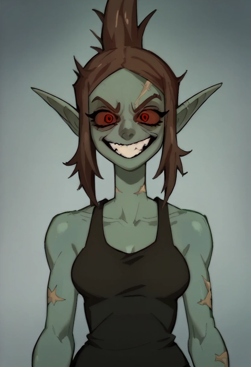 Anime zombie undead girl, slitched face, scars an face, black sclera, shark teeth, glowing eyes, smug face, vile, pale green-ish decayed skin, black tank top, eletric colar