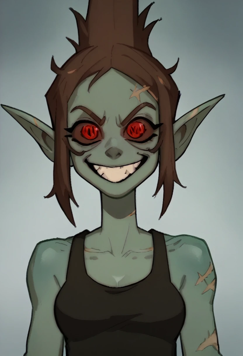 Anime zombie undead girl, slitched face, scars an face, black sclera, shark teeth, glowing eyes, smug face, vile, pale green-ish decayed skin, black tank top, eletric colar