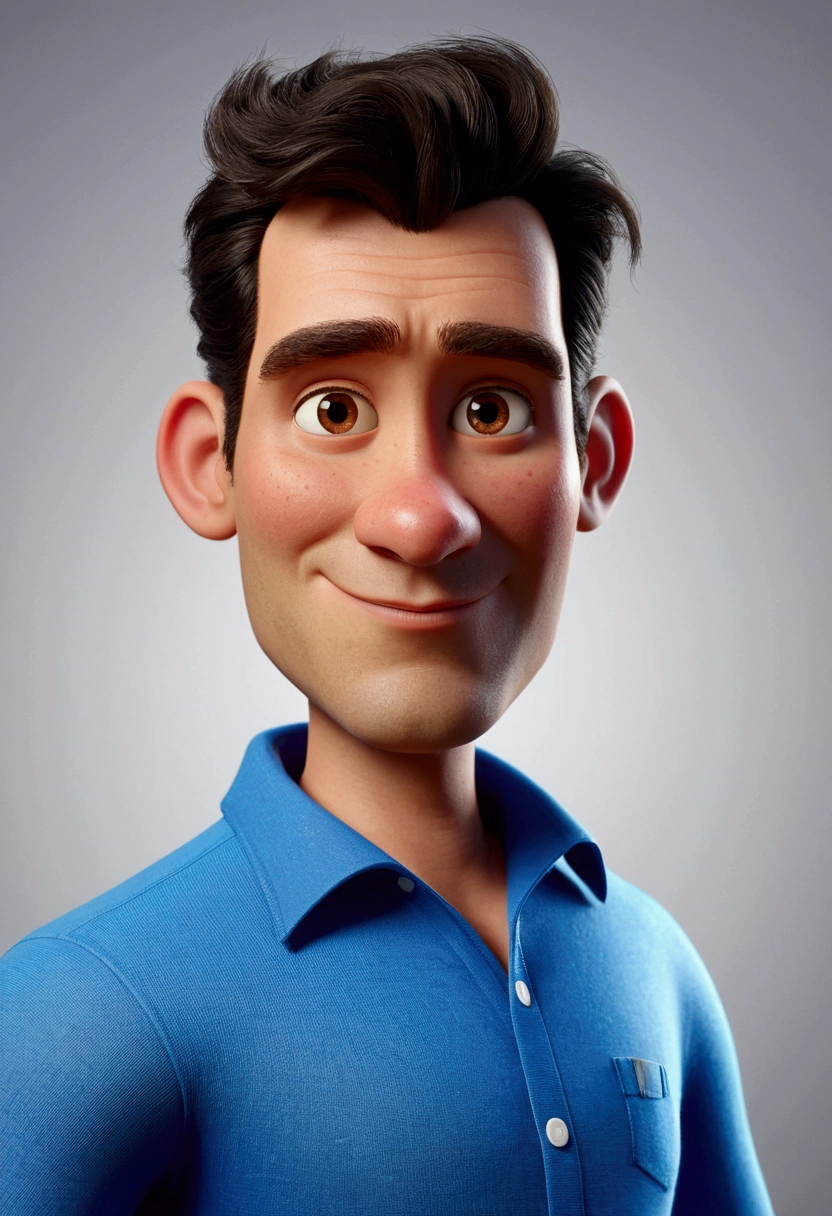 Cartoon character of a man in a blue shirt, an animated character, stylized character, animation style rendering, 3d stylized, Arnold Maya rendering, Stylized 3D rendering, toon render screenshot, 3d character, 3d character, Stylized 3D rendering, 3D character rendering, cartoon character, Personagem de close up, character posing, (Pixar-style) (master part:1.2) (bokeh) (best qualityer) (skin detailed) (detailed texture) (8k) (Argilla) (cinematic lighting) (sharp focus,Sit down and lift your upper body