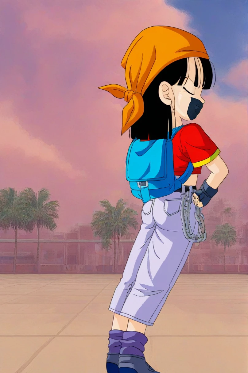 source_anime, score_9, score_8_up, score_7_up, anime screencap,8k, absurd res, pan \(dragon ball\), 1girl, solo, looking at viewer, smile, short hair, black hair, standing, full body, short sleeves, boots, , black gloves, looking back, gold trim, grey pants, cloud, fingerless gloves, loose socks, blue bag, from behind, black eyes, blue sky, hand on hip, chain, backpack, cloudy sky, denim, building, red shirt, hands behind back, orange bandana, female , blue footwear, clenched hands, belt, bangs, fingernails, purple legwear, v-shaped eyebrows, sneakers eyes closed, show full body, tied up, shibari rope, tape gag over mouth, bent over