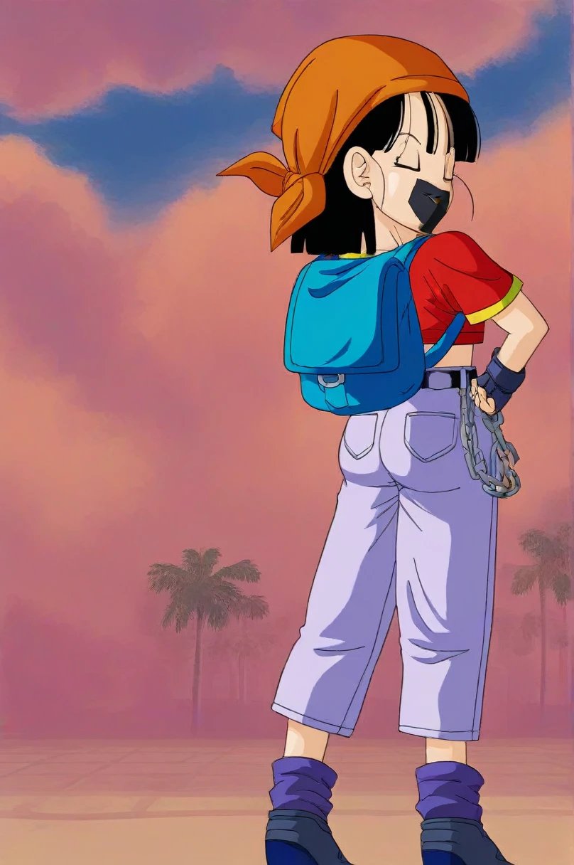 source_anime, score_9, score_8_up, score_7_up, anime screencap,8k, absurd res, pan \(dragon ball\), 1girl, solo, looking at viewer, smile, short hair, black hair, standing, full body, short sleeves, boots, , black gloves, looking back, gold trim, grey pants, cloud, fingerless gloves, loose socks, blue bag, from behind, black eyes, blue sky, hand on hip, chain, backpack, cloudy sky, denim, building, red shirt, hands behind back, orange bandana, female , blue footwear, clenched hands, belt, bangs, fingernails, purple legwear, v-shaped eyebrows, sneakers eyes closed, show full body, tied up, shibari rope, tape gag over mouth, bent over
