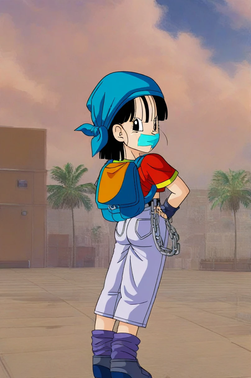 source_anime, score_9, score_8_up, score_7_up, anime screencap,8k, absurd res, pan \(dragon ball\), 1girl, solo, looking at viewer, smile, short hair, black hair, standing, full body, short sleeves, boots, , black gloves, looking back, gold trim, grey pants, cloud, fingerless gloves, loose socks, blue bag, from behind, black eyes, blue sky, hand on hip, chain, backpack, cloudy sky, denim, building, red shirt, hands behind back, orange bandana, female , blue footwear, clenched hands, belt, bangs, fingernails, purple legwear, v-shaped eyebrows, sneakers eyes closed, show full body, , shibaritape gag over mouth, bent over