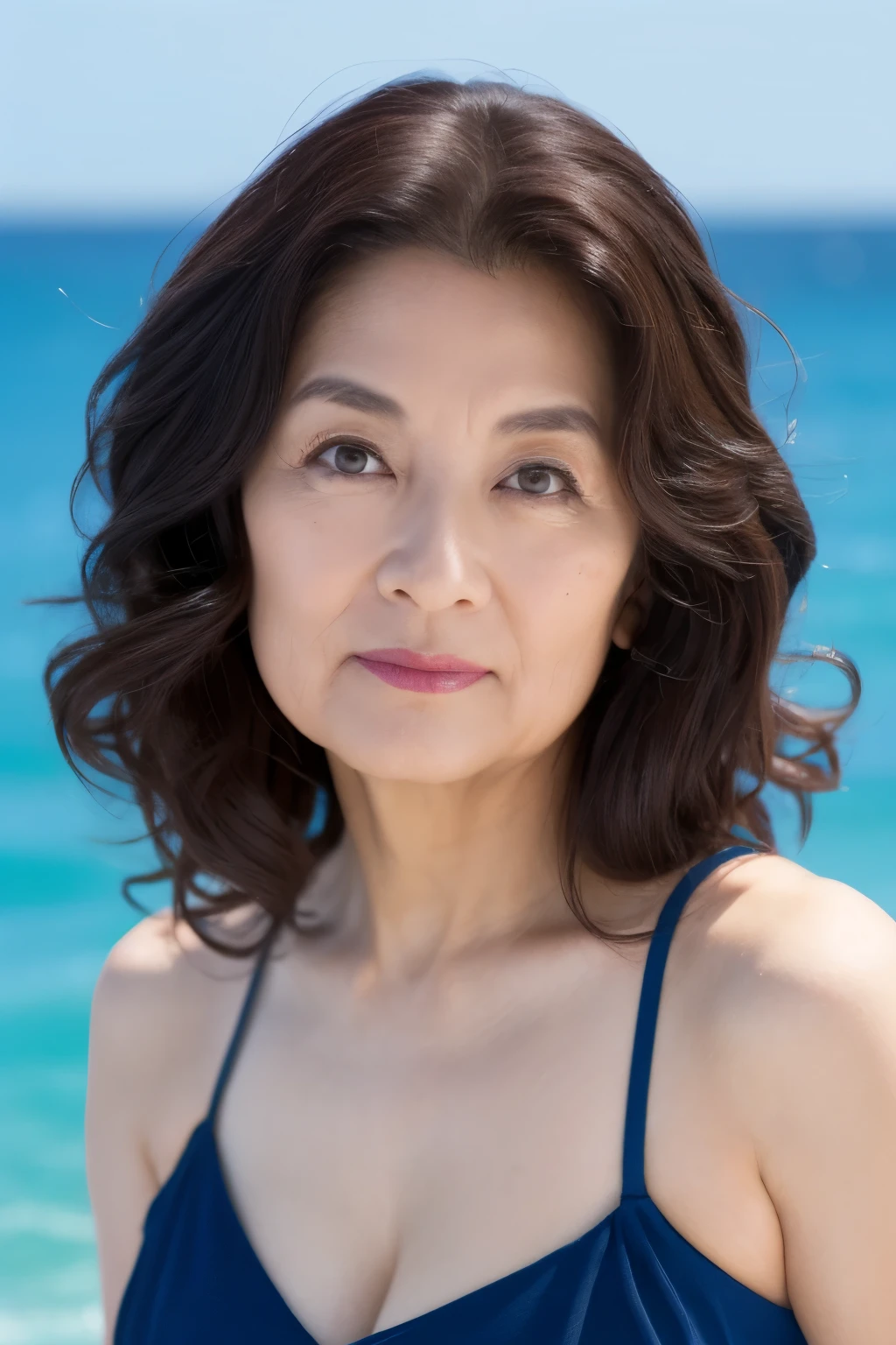 Best image quality、Highest quality、Highest Resolution、masterpiece、detailed、Actual Photos）,((Beautiful and sexy Japanese 65 year old))、Attractive woman with messy wavy hair and bold red lips, Calm, Ocean Blue Background.black eye