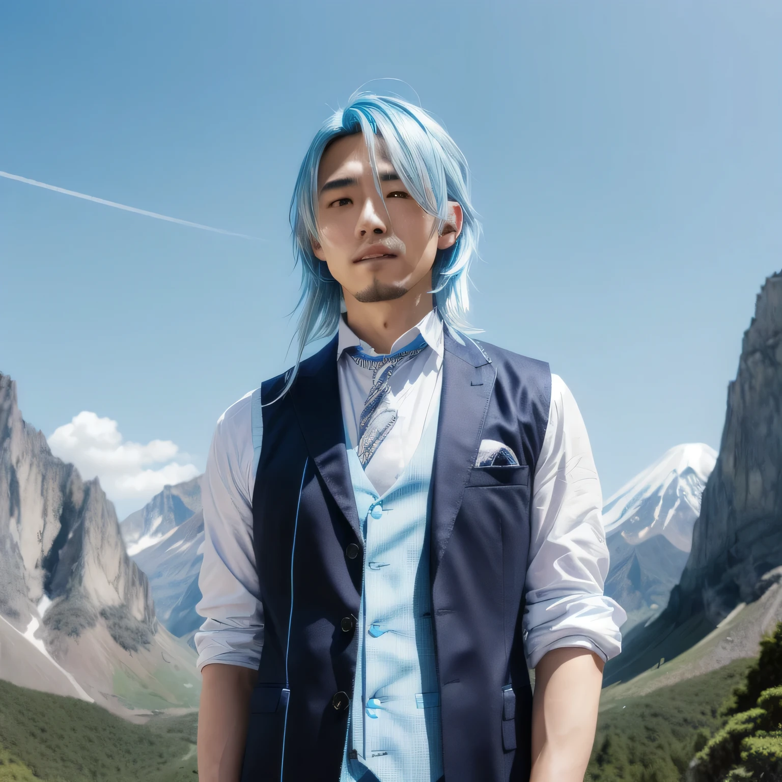 a man with light blue hair and a vest standing in front of a mountain, he has light blue hairs, a close up of a person with serious face, a japanese man, he is 30 years old, he has light blue hair, he has long hair, he has black sharp eyes, he was angry and laugh