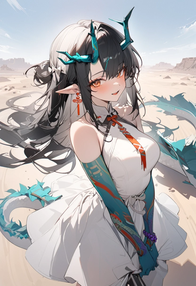 1girl, dusk \(arknights\), arknights,(masterpiece, best quality), newest, dress , original outfit , black hair, horns, agm, dragon tail , orange eyes, desert , happy , open mouth