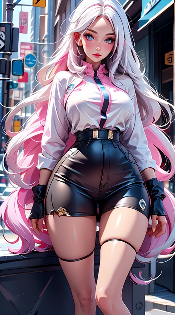 Pink hair in a ponytail。Big breasts。
She's wearing a neat and tidy idol-like dress.。
Full body photo。
Background is white。