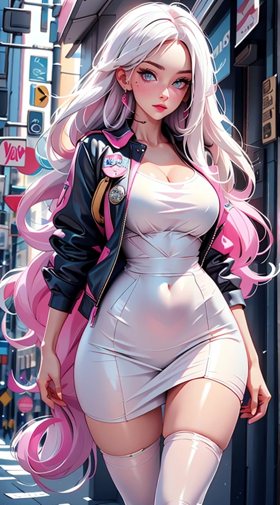 photorealistic, high resolution, 1women, shining skin, solo, pink lips, (long white hair, blue eyes), closed mouth, street wear, hips up, 