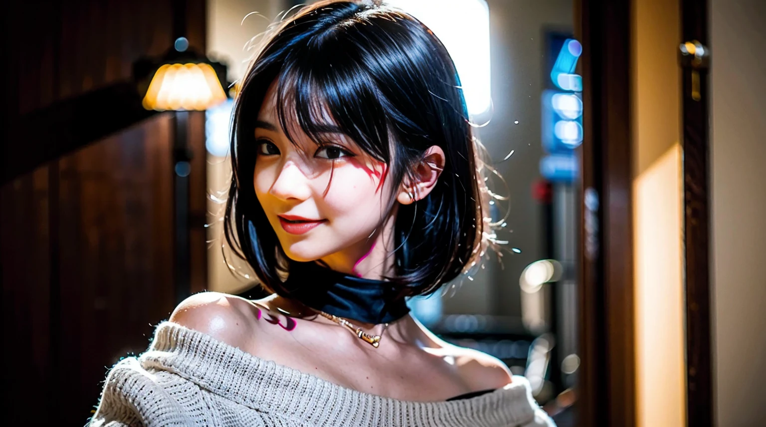 Highest quality, masterpiece, Ultra-high resolution, Realistic, 1 girl, Off the shoulder, knit, smile, smile, Slightly visible, Extra Large_sweater, Soft lighting, Detailed skin, bangs, Black Hair, Clear Eyes, Short Bob Hair, Transparency, Japan, Korean, Beautiful woman, Upward glance, Lip gloss, Black Thick Choker, Tears, Mole on chest, Eye highlights