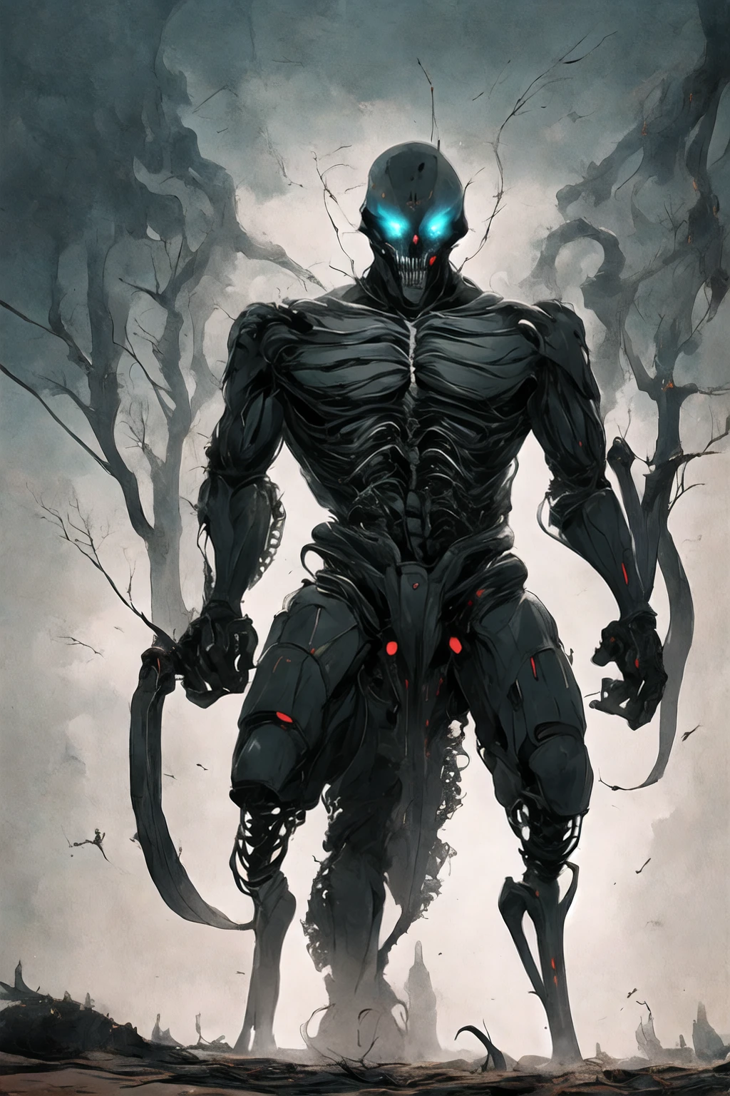 (((Highest quality)))(((Best Image)))外見は黒いfog,Put on your armor,Modern Battle Suit(((Appearance)))The shape is humanoid,Modern weapons(((Features)))Eyes glowing red,The shape is made of purple glowing matter..(((male)))The skeleton is human-like、Muscle fibers are visible.,fogのようなもので構築している(((background)))Barren Land,dead tree,fog,Chaotic world(((Standing posture)))Battle Scenes,overwhelmingly strong,Highest quality。