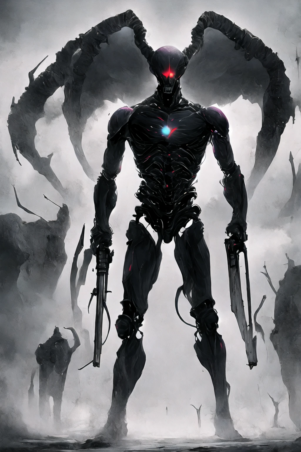 (((Highest quality)))(((Best Image)))外見は黒いfog,Put on your armor,Modern Battle Suit(((Appearance)))The shape is humanoid,Modern weapons(((Features)))Eyes glowing red,The shape is made of purple glowing matter..(((male)))The skeleton is human-like、Muscle fibers are visible.,fogのようなもので構築している(((background)))Barren Land,dead tree,fog,Chaotic world(((Standing posture)))Battle Scenes,overwhelmingly strong,Highest quality。