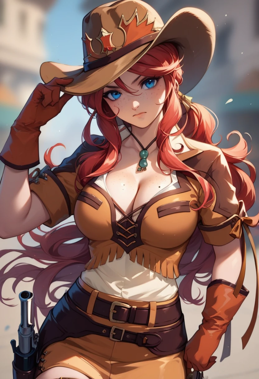 score_9, score_8_up, score_7_up, very aesthetic, source_anime, detailed, high quality, beautiful, masterpiece, detailed eyes,
sunny weather, blurry background,
cowboy shot, upper body, angry facial expression, mouth closed
gemini sunrise, red hair, long hair, blue eyes, freckles, sidelocks, big breasts, cleavage
belt, thigh strap, cowboy hat, cowboy boots, fringe trim, gloves, miniskirt, revolver gun, zPDXL