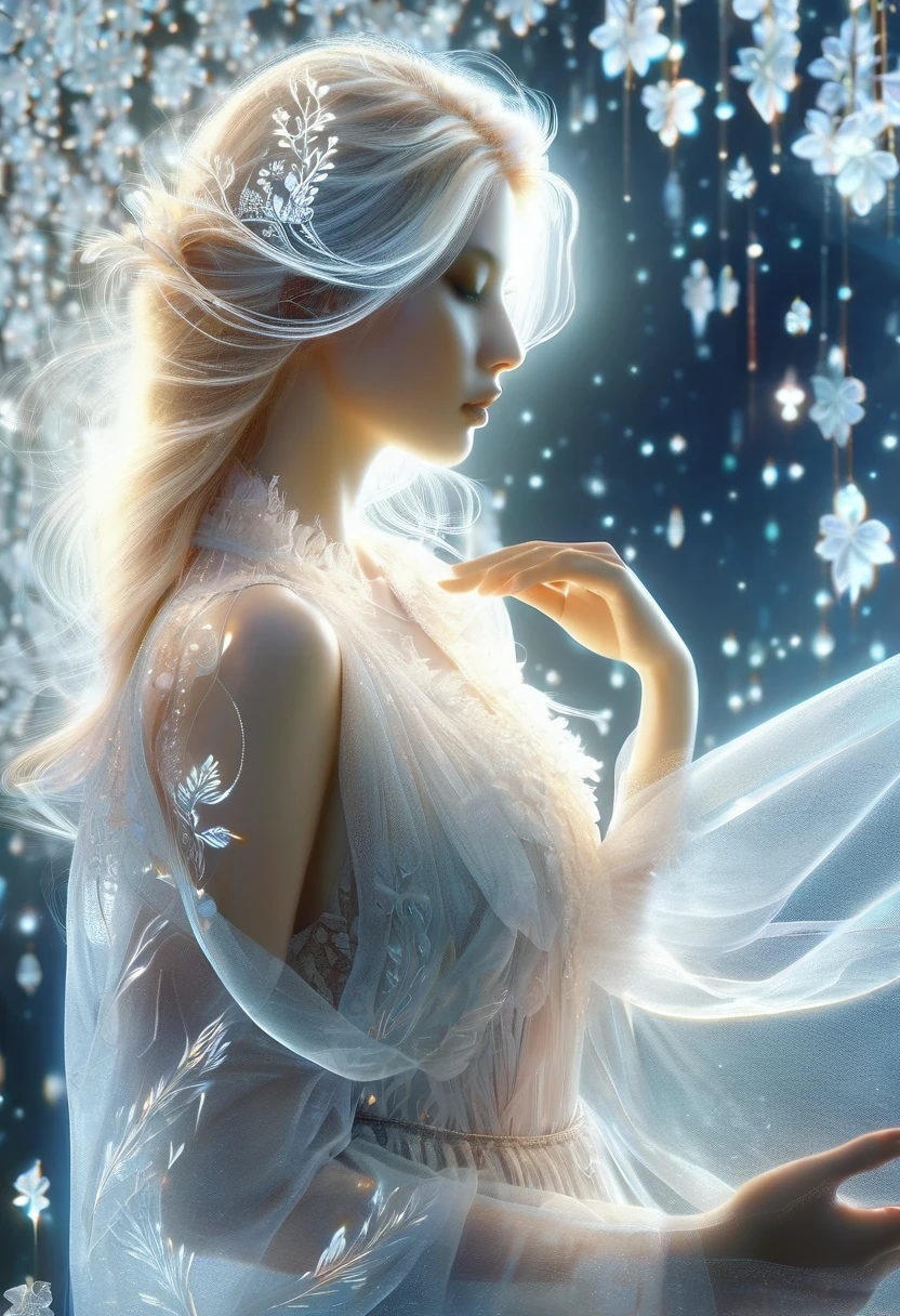 background_A clear day at a landmark in Paris, France:1.2, ((jewel_light element)), (Translucent luminous body_wearing a white frilly blouse), (girl made of light: 1.2, Long wavy, calm blonde hairstyle with delicate features and shine for pale skin), (minimalism: 0.5), (Front close-up angle above the waist: 1.3), 4K, HDR, acid graphics, fantasy work, [Detailed and vivid face: 0.33], (White translucent glowing body and hair: 1.3), Shiny beautiful woman with silhouette outline, Understated elegance is revealed... A calm and dignified atmosphere provides a subtle sense of luxury..... gray smooth texture, stylish pose, fluorescent lamp, Glowing tattoo, bioluminescent tattoo, glowing pattern.