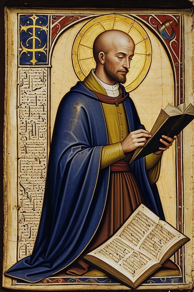 A medieval monk in a monastery, leaning on a luminous manuscript