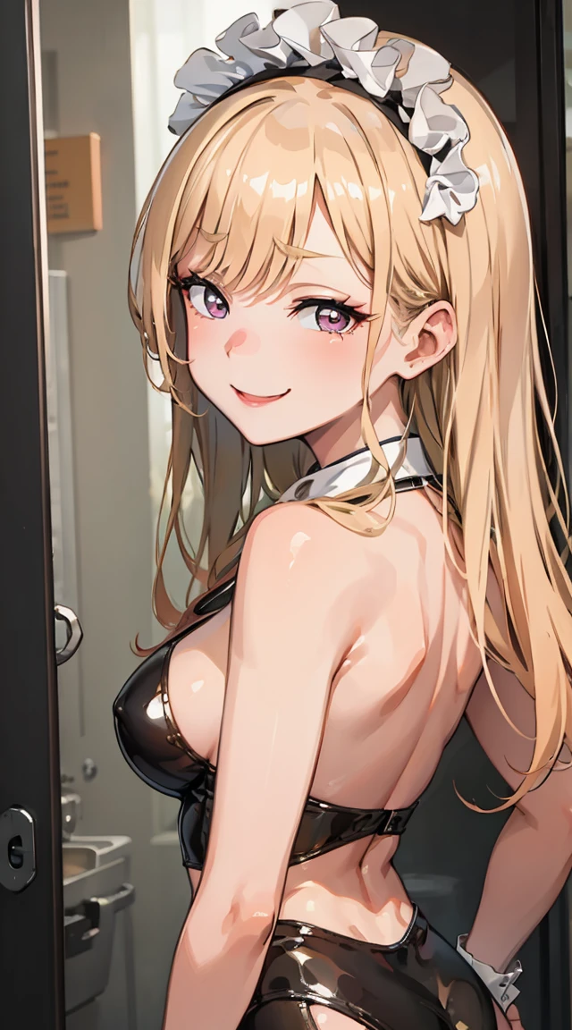 Marin Kitagawa,Maid, latex clothes, A beautiful smile, teasing,smug,((back)),