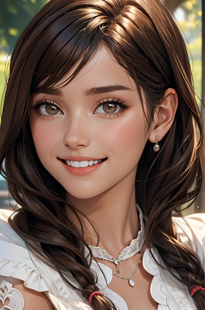 a close up of a close up of a woman with brown hair posing for a picture, 1girl, solo, looking at viewer, realistic, long hair, black hair, smile, portrait
