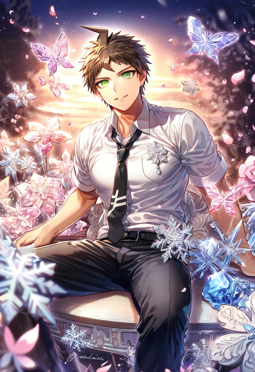 Ultra detailed, HDR, Highres, absurdres, master piece, Hinata Hajime, brown hair, expressive green eyes, white shirt, black necktie, Danganronpa, handsome, ice glittering butterflies, ice, petals, ice pink glass flowers, glittering, fantasy, magical, snowflakes, cold, solo, sexy man sitting, handsome smile