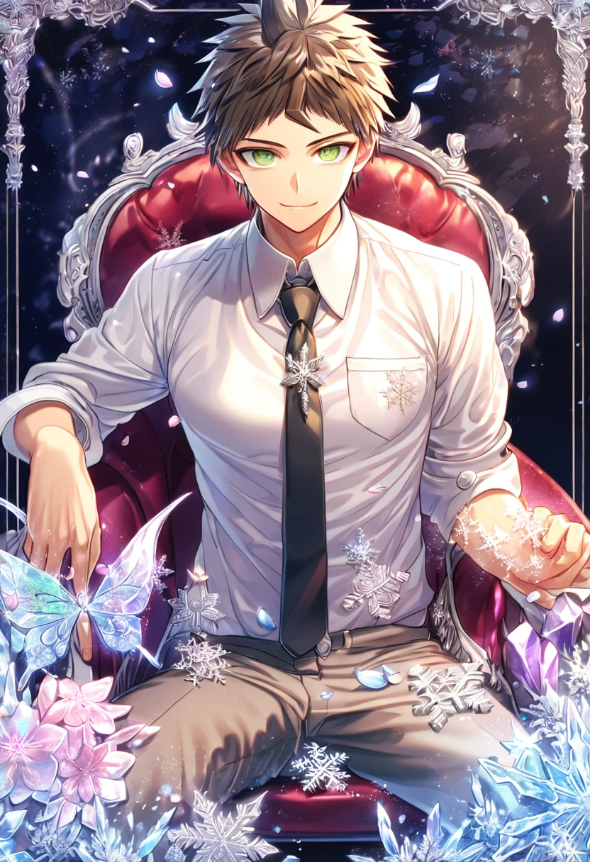 Ultra detailed, HDR, Highres, absurdres, master piece, Hinata Hajime, brown hair, expressive green eyes, white shirt, black necktie, Danganronpa, handsome, ice glittering butterflies, ice, petals, ice pink glass flowers, glittering, fantasy, magical, snowflakes, cold, solo, sexy man sitting, handsome smile