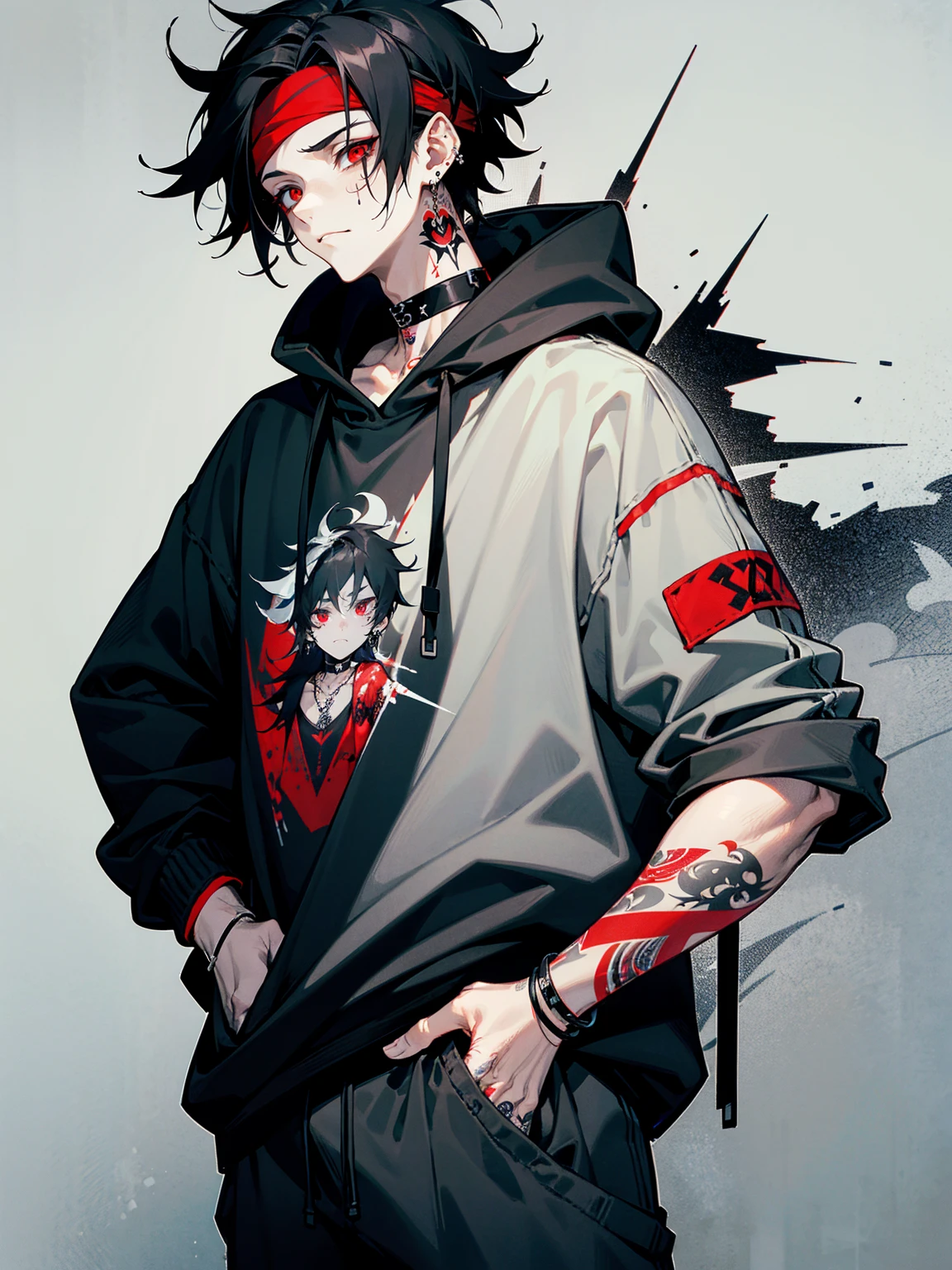 1male, adult, black hair, messy hair, headband, red eyes, tattoos on face, tattoos on arm, pale skin, choker, emo bracelets, earrings, black sweatshirt, grey sweatpants, tired expression, hands in pocket