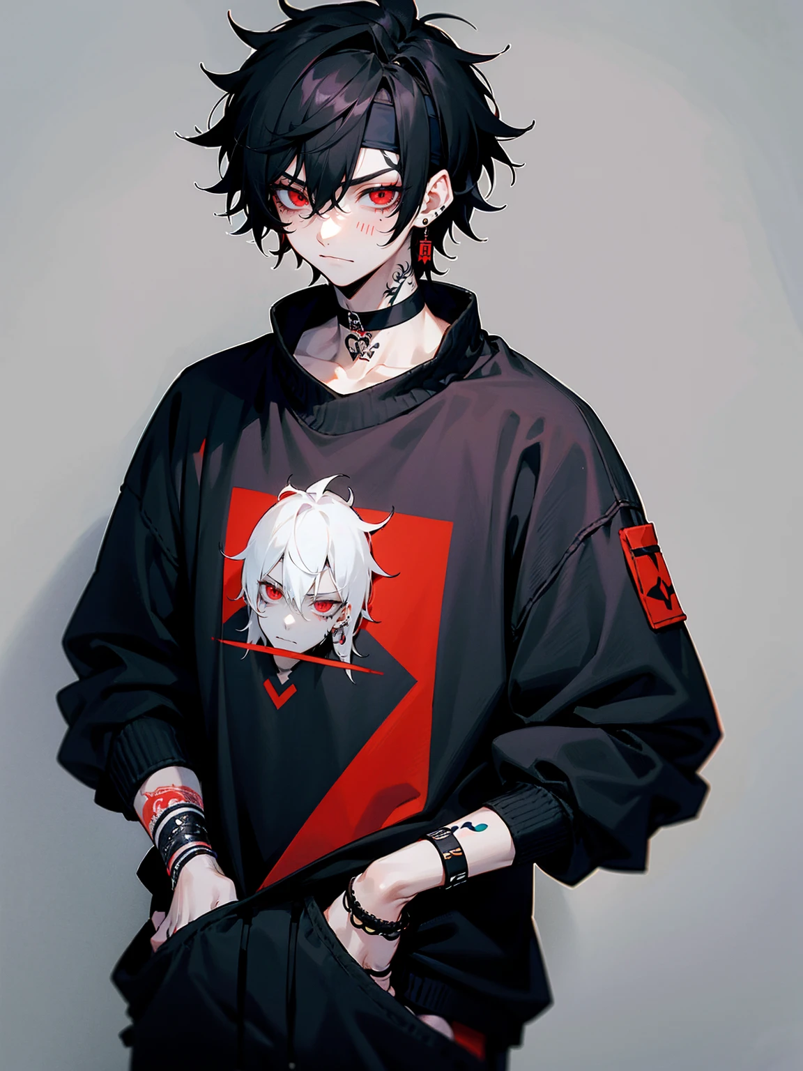 1male, adult, black hair, messy hair, headband, red eyes, tattoos on face, tattoos on arm, pale skin, choker, emo bracelets, earrings, black sweatshirt, grey sweatpants, tired expression, hands in pocket