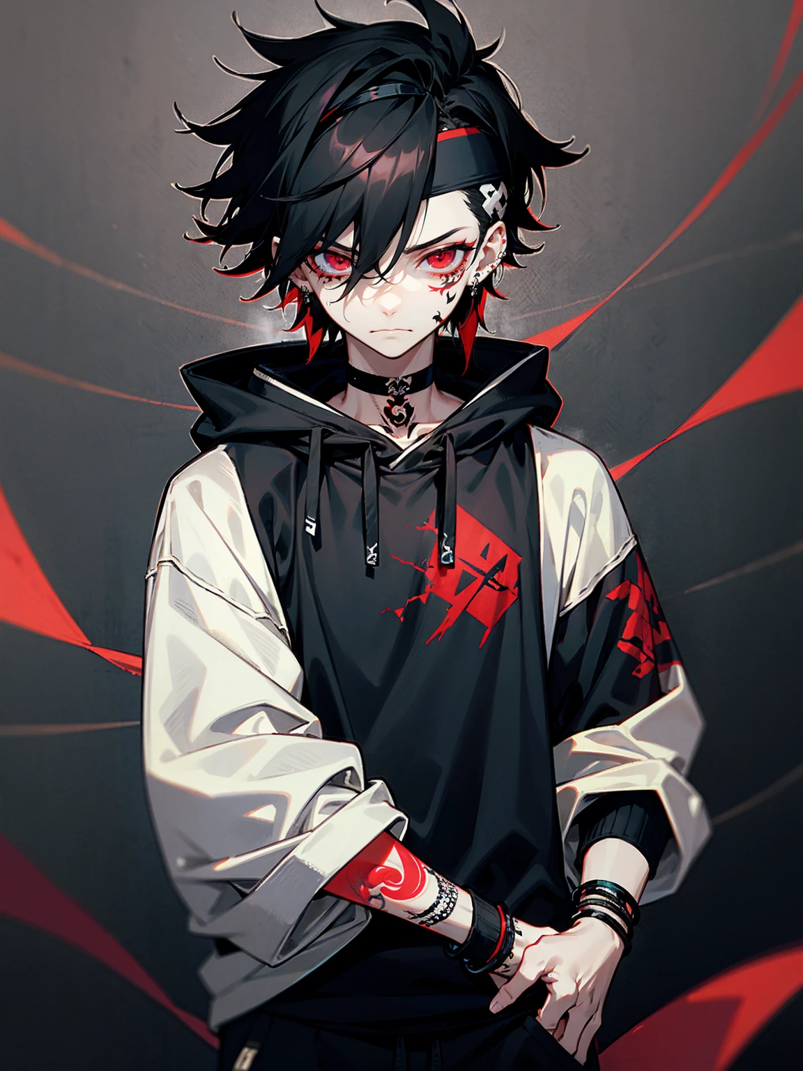 1male, adult, black hair, messy hair, headband, red eyes, tattoos on face, tattoos on arm, pale skin, choker, emo bracelets, earrings, black sweatshirt, grey sweatpants, tired expression, hands in pocket