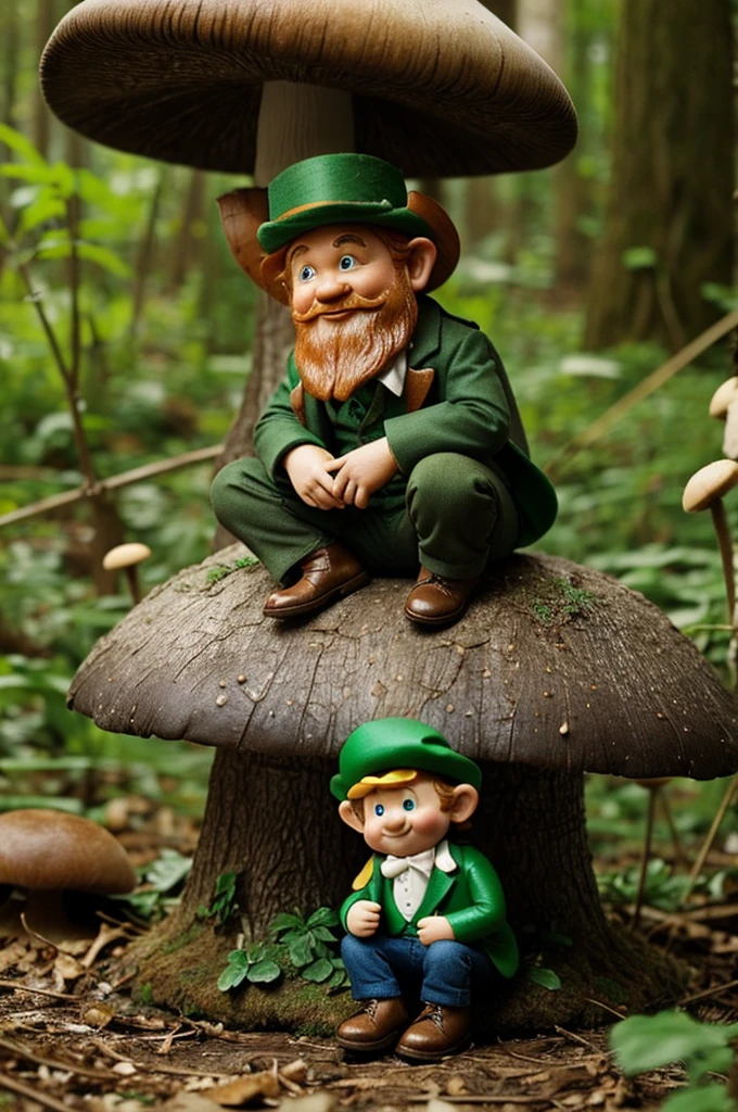 Leprechaun sitting under a mushroom