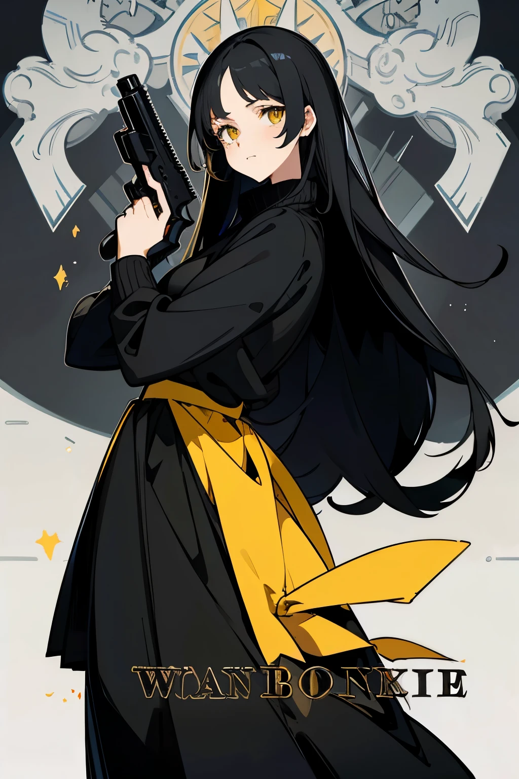 A girl, with long black hair, yellow eyes, wearing black sweater, wearing gray skirt, with serious on her face, posing looking at camera with her body turned around, holding gun, elegant, beautiful, enchanted to everyone who saw her, HD picture, good AI art, NO BLUR PICTURE.