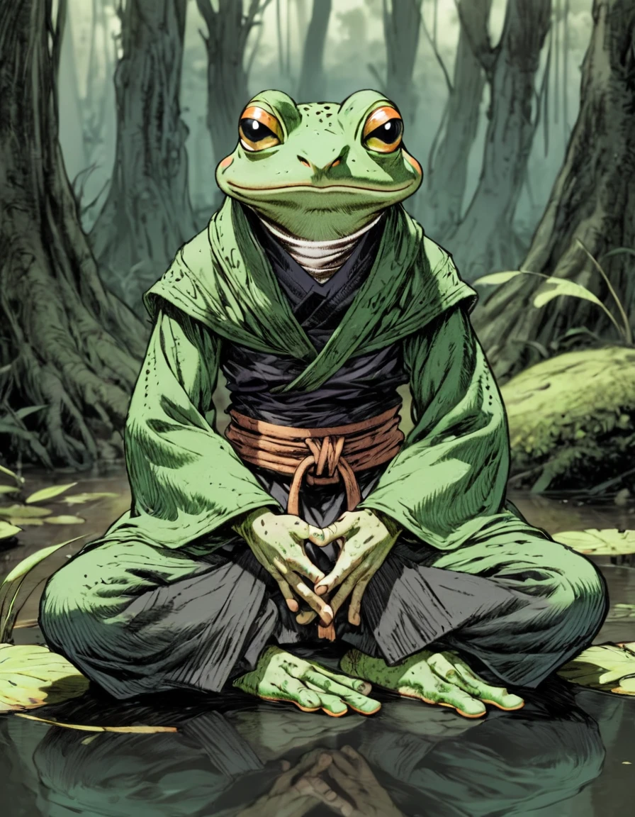 (sketch art, concept art:1.4),(masterpiece rough sketch drawing), best quality, solo closeup, meditating frog monk, green skin, green eyes, dark outfit, (Akihiko Yoshida Style), high contrast, space theme, grunge, punk rock, swamp, trees, forest