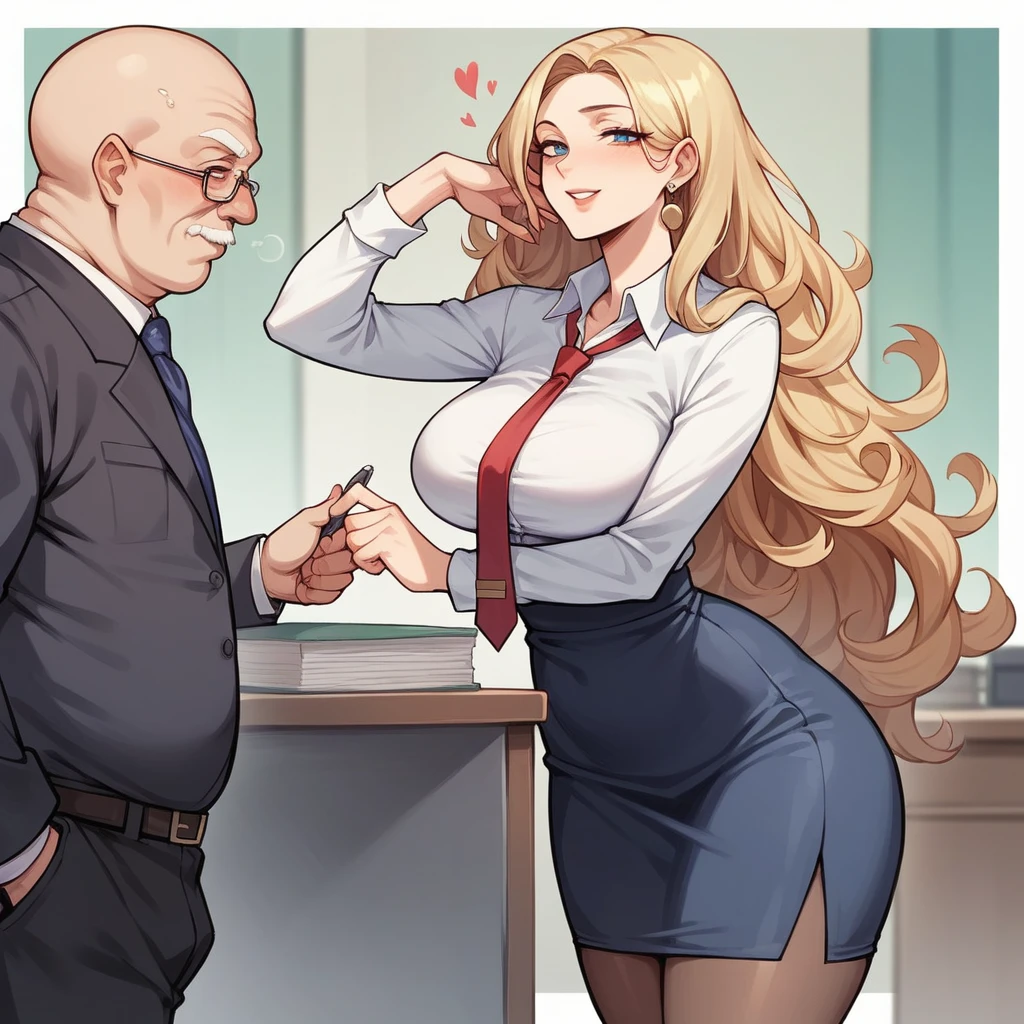 Beautiful woman 25 years old, not very high, long curly light blonde hair, Thin waist, big tits, well-shaped and large hips. She is dressed in a secretary uniform, She is passionately kissing a fat, bald old man.. He wears a shirt and tie, Office