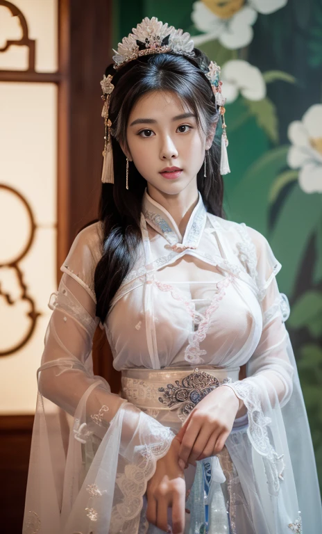 masterpiece, best quality, 1 girl, ((Large Breasts), (Transparent white silk),Looking at the audience, (precise、Perfect face shape:1.3),(Beautiful fingers),(Crotch front display),Ultra HD,Ray Tracing,,reflected light, Correct structure,The award-winning,High Detail,Reduce shadow contrast,Facial lighting ,Cinema Lighting,masterpiece,Super Detail,high quality,High Detail, best quality,16K,High contrast,A young woman plays, Chinese Empress, yun ling, song nan li, , gujian, zhao yun, Chinese Princess