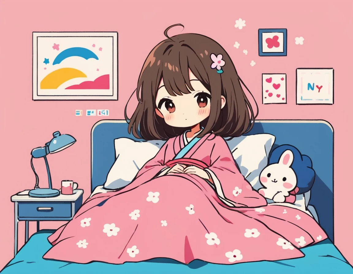 Momoko Sakura colorful style, Simple Line Initialism，Abstract art，Kawaii Design, The most beautiful girl of all time、chibi, (((nap))), hospital bed