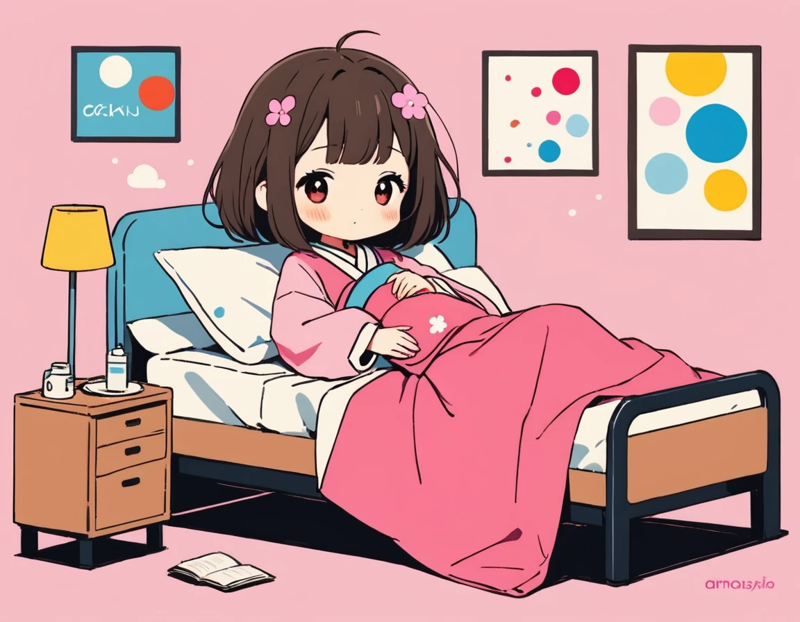 Momoko Sakura colorful style, Simple Line Initialism，Abstract art，Kawaii Design, The most beautiful girl of all time、chibi, (((nap))), hospital bed