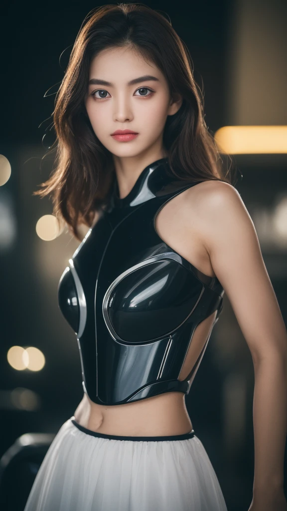 ((Realistic lighting, highest quality, 8k, masterpiece:1.3)), Sharp focus:1.2, One girl, Sexy body, perfect beauty:1.4, Slim Abs:1.1, ((Dark brown hair)), (body,Machine skeleton,Transparent tulle:1.4),(Exterior,at night:1.1),City streets,Ultra-fine face,Beautiful Eyes,double eyelid,Robocop,AUTO-9 Semi-automatic pistol,