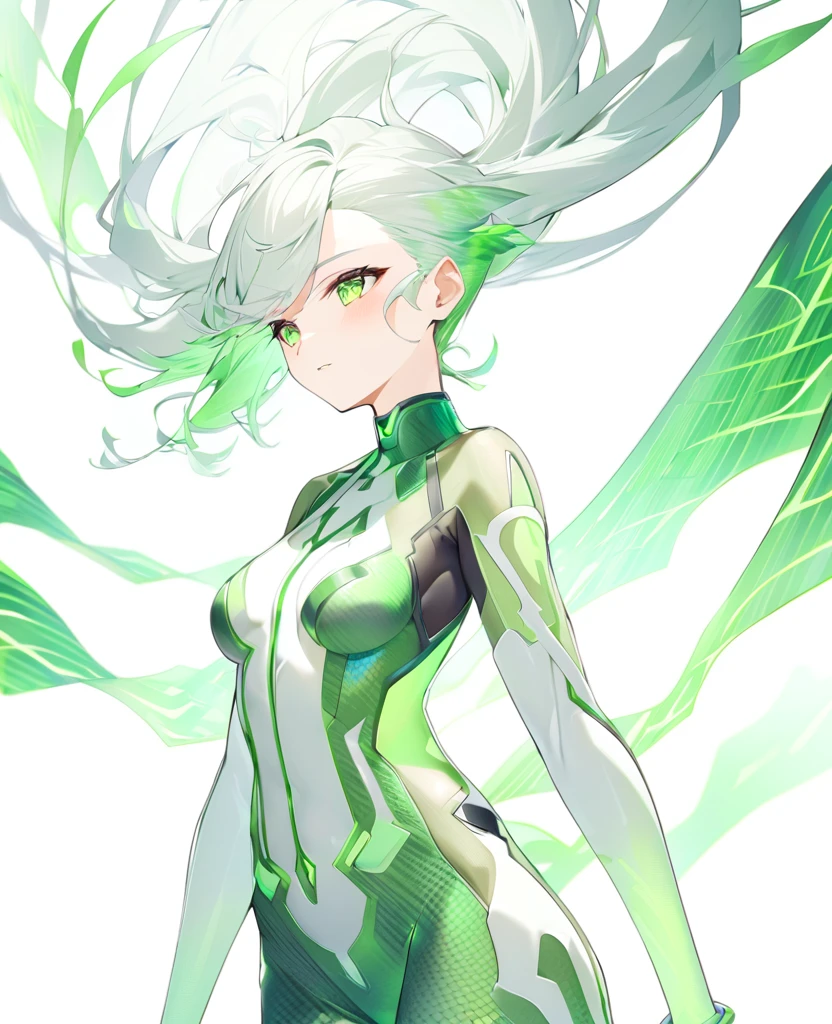 A girl with a green wind motif,Pure white background,セクシーなSee-throughボディスーツ,エスニックdesigner bodysuit,SFdesigner bodysuit,Green wind pattern,Green glowing pattern,See-through