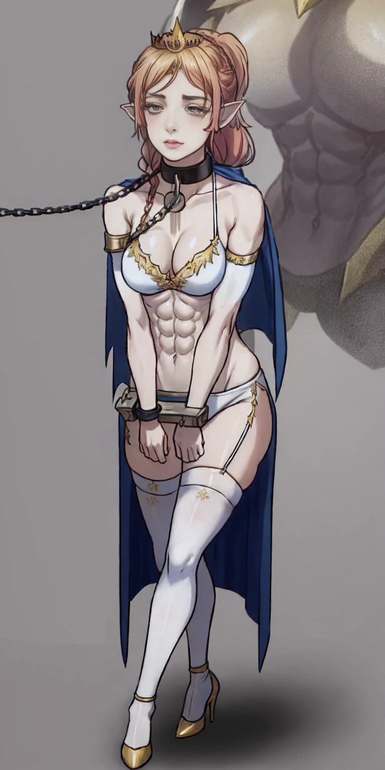 extremely long hair, ponytail, perfect anatomy 1 girl tall solo, slim thick ((muscular)) high elf full body toe to head toned body, silver breast plate, blue cape, slendered abs, hourglass waist, detailed face, defined cheekbones, puffy lips, gauntlets, gold crown, shadow over eyes, looking at viewer, masterpiece, white thigh highs lingerie, high heels, slave metal collar choker neck bell shackles wristbands bracers bracelets sleeves