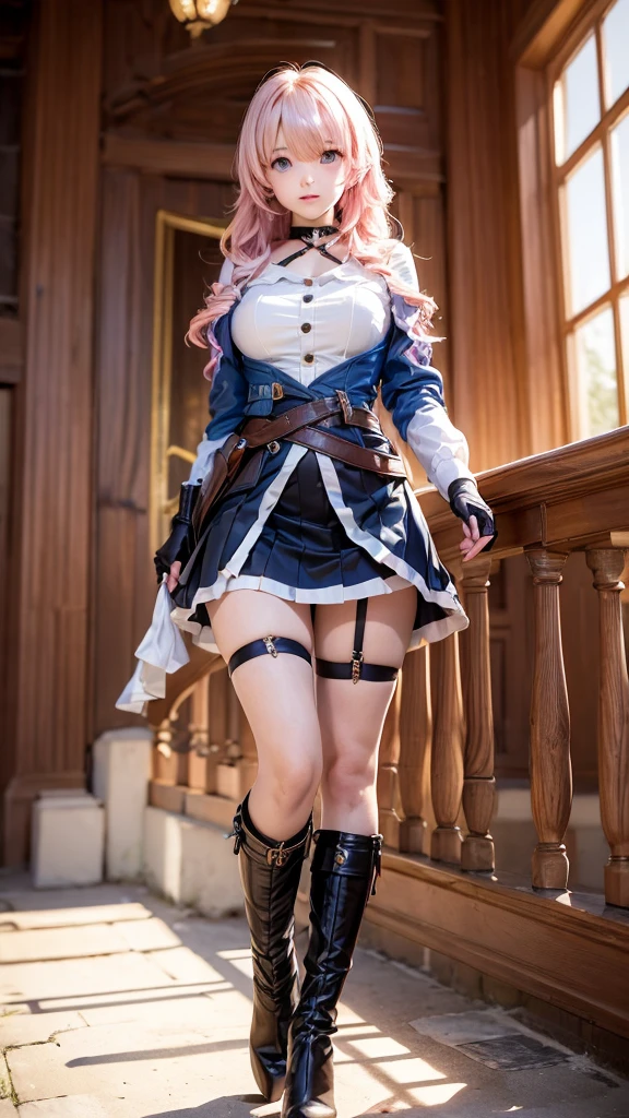 a beautiful young woman, light pink hair,  big blue eyes, ankle boots, archery shooting glove, badge, bare legs, black choker, black corset, black footwear, black gloves, blue jacket, blue skirt, boots, button badge, buttons, choker, collarbone, corset, earrings, flower ornament, gloves, high heel boots, high heels, jacket, jewelry, long sleeves, miniskirt, partially fingerless gloves, pleated skirt, shirt, showing blue lace panties, single earring, single glove, skirt, thigh strap, tied jacket, underbust, white shirt, skirt lift, flipped my skirt, innocent looking, beautiful detailed eyes, beautiful detailed lips, extremely detailed face, long eyelashes, standing in a train station, sunlight streaming through the windows, intricate architectural details, gleaming metal and glass, warm color palette, cinematic lighting, photorealistic, 8k, high quality, detailed