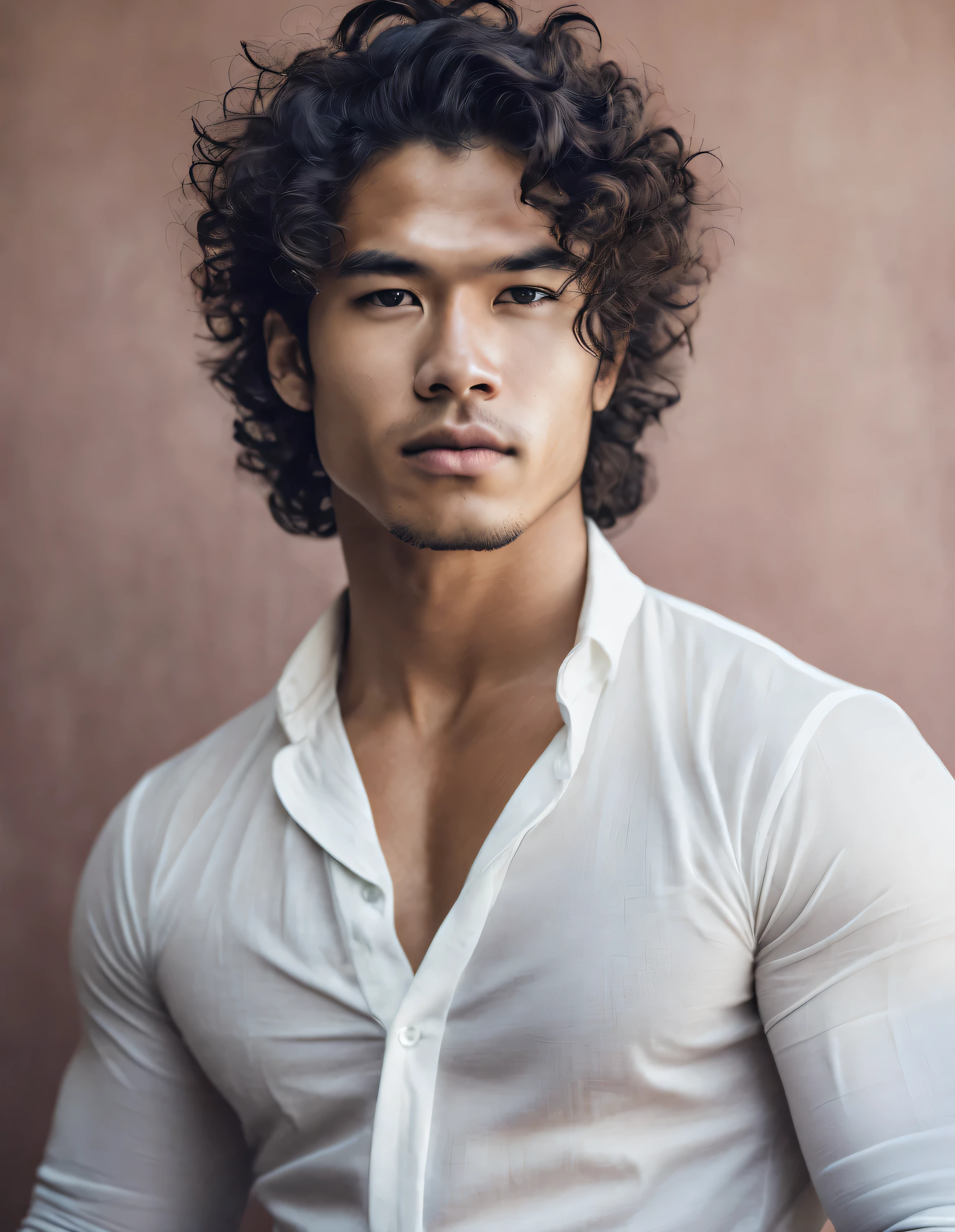 face completely transparent、Portrait of Asian man with thick curly dark hair,Toned muscles,Corey Pike,roman holiday hero