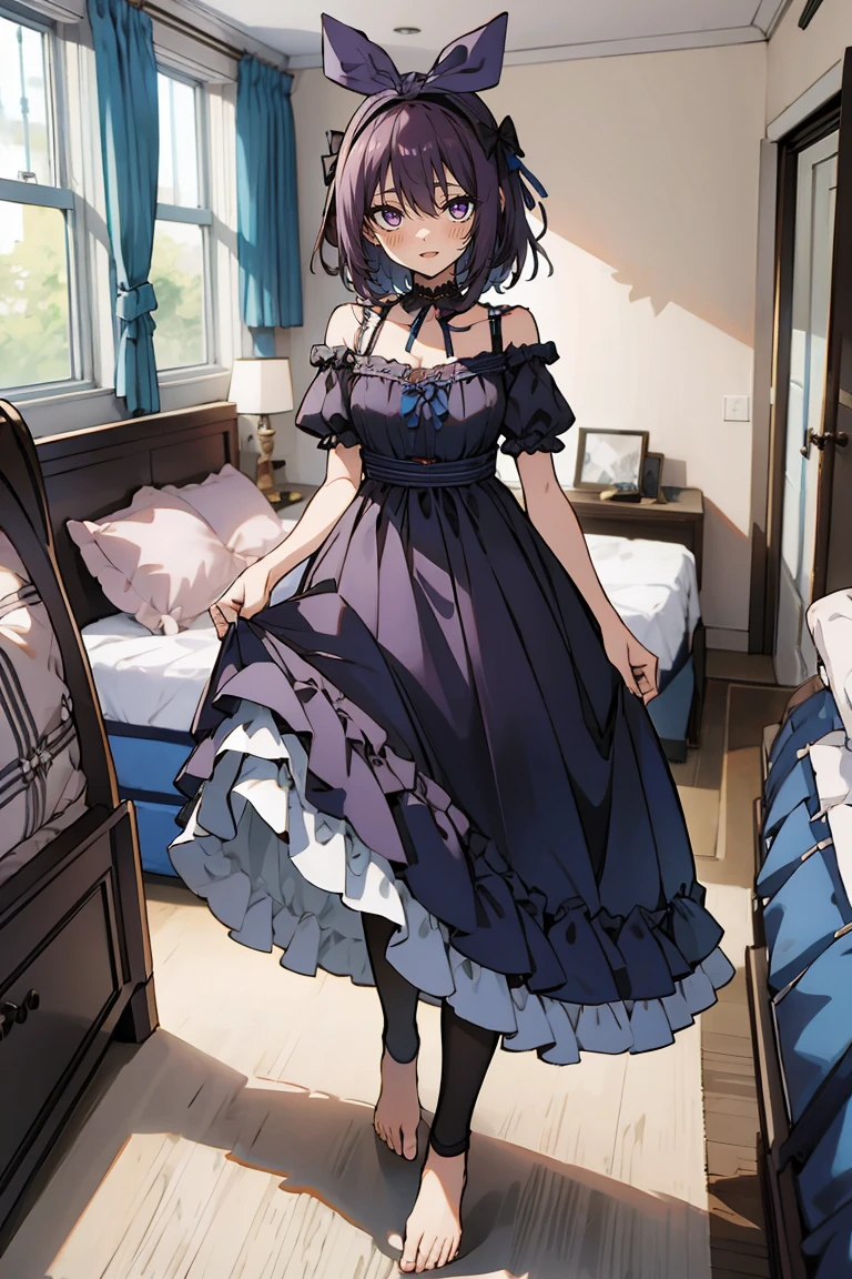 (masterpiece:1.2), (high quality:1.2), reo mikage, blue lock, girls with((1girl, solo, purple hair, (medium hair, right swept bangsone side up, hair ribbon, hair bow:1.55), bare shoulder, blush, breasts, choker, cleavage, cowboy shot, collar, collarbone, rosary, rosary choker, cross, white clothes, blouse, sleeveless, neck ribbon, cheongsam, cinderella dress, long dress, frill pannier, leggings, boots, sandals, bare feet)), background with((bedroom, room:2.0))