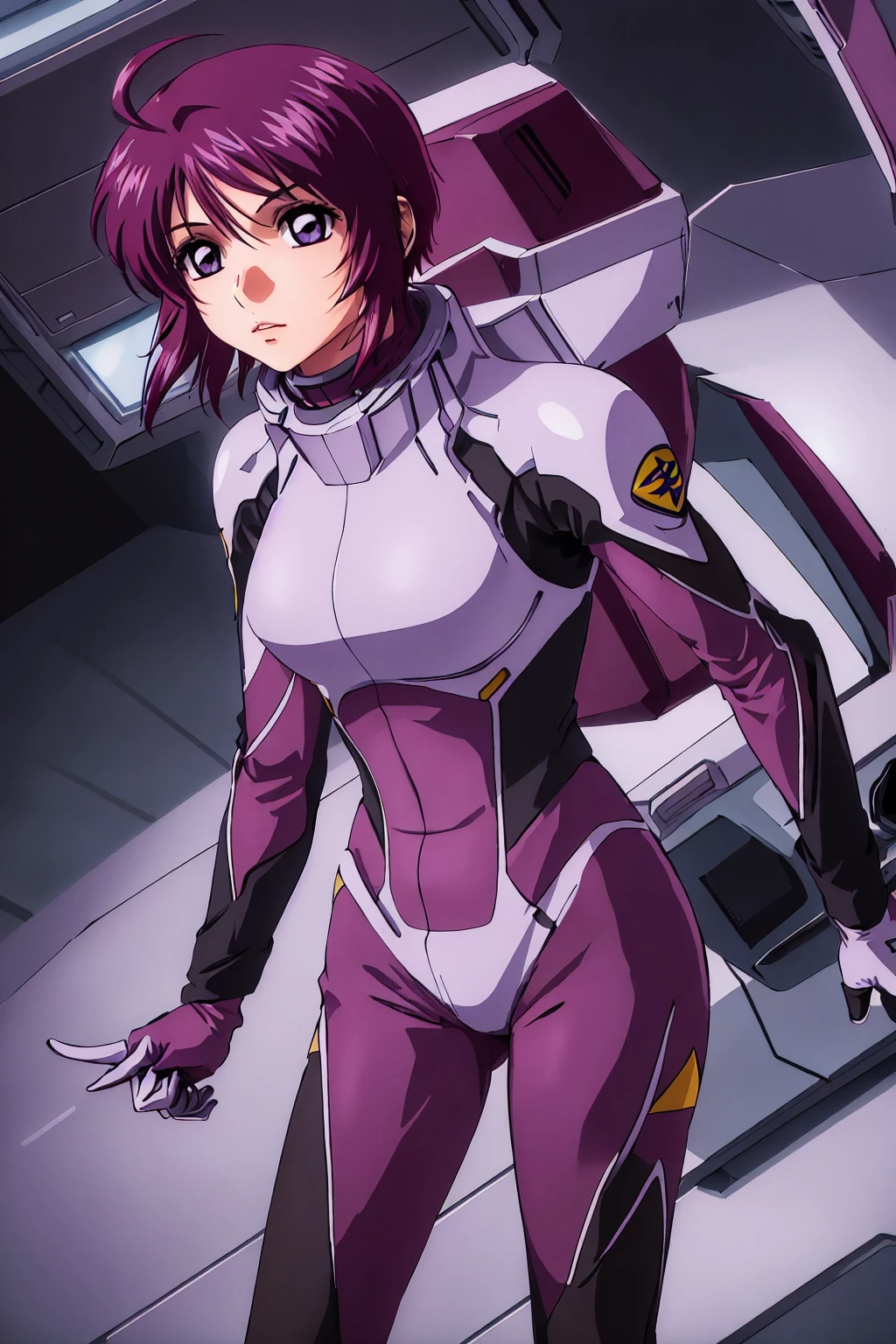 masterpiece, Highest quality, High resolution, One girl, alone, short hair, Ahoge, Redhead, Purple eyes, Purple Hair, Pilot Suit, gloves, Cowboy Shot, Are standing, Spaceship, indoor