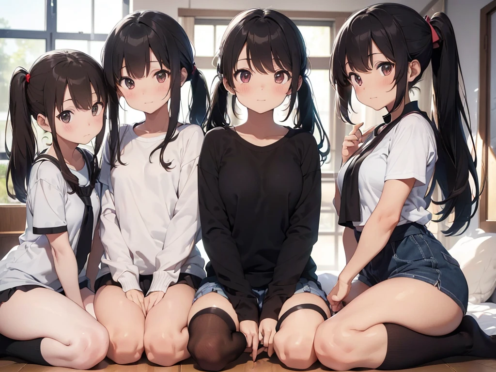 Super detailed, Best Quality, High resolution, Moe Anime, ((((Three cute s with black hair are sitting.)))), (Baby Face), ((Big eyes:1.5, Droopy eyes:1.5)), Pretty eyes, View your viewers, Light skin, Focus on the face, ((The upper body is in transparent lingerie and the lower body is naked.)), (Nipples are visible through the fabric:1.5), Belly button, Shoulder Bare, ((Flat Chest)), In the park with cherry blossoms falling, Knee-high boots