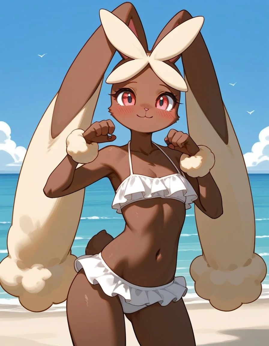 alone, score_9,score_8_up,score_7_up, anthro female lopunny, wearing frilly white bikini, standing, beach background, cute pose, shy smile, blushing.