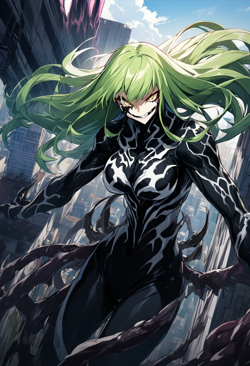 1 girl, Symbiote Venom, beautiful girl, large breasted, gold eyes, green haired, top of a building, natta, cruel smile