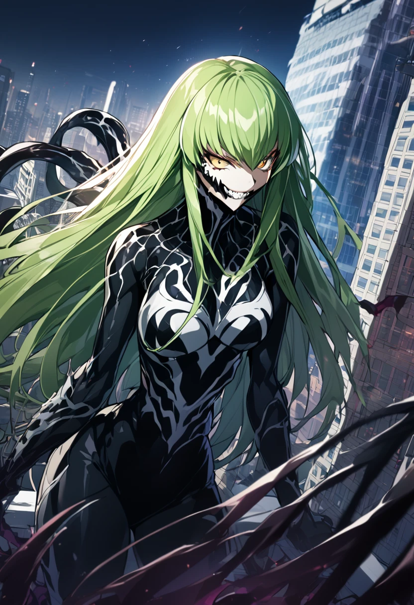 1 girl, Symbiote Venom, beautiful girl, large breasted, gold eyes, green haired, top of a building, natta, cruel smile