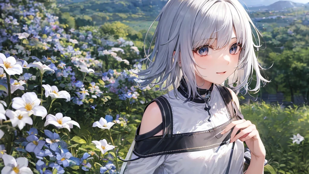 Ultra HD,Look at the viewers, Put your hands behind your back, With a girl, 20-year-old, 非常にShort Hair, Long bangs between the eyes, Pale blue eyes, Very detailed,(masterpiece、Highest quality),Gray Hair、Laughter、Fantastic, Silver Hair, Iris, Short hair、 Fluttering Hair、Small Face、明るいsmile、(Detailed face) ,Professional Lighting,Wonderful landscape,blue sky, sunlight,Looking down from above,Portraiture、Open your mouth、Flower Field、Her eyes were shining、Mysterious and enchanting atmosphere。With AI Painting、とてもShort Hair, Long bangs between the eyes, Very detailed,(masterpiece、Highest quality)、alone、Gray Hair、Fantasy, Silver Hair, Fantasyな風景、smile、Open your mouth、short hair、Short Hair、hairpin、black eye、Grey Eyes、Beautiful Eyes、Black Shirt、White hoodie