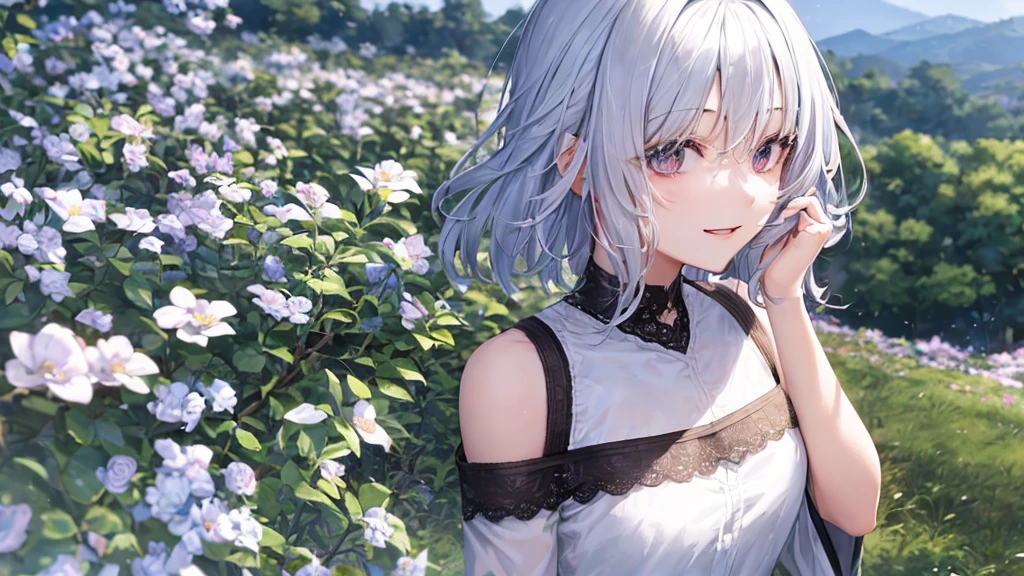 Ultra HD,Look at the viewers, Put your hands behind your back, With a girl, 20-year-old, 非常にShort Hair, Long bangs between the eyes, Pale blue eyes, Very detailed,(masterpiece、Highest quality),Gray Hair、Laughter、Fantastic, Silver Hair, Iris, Short hair、 Fluttering Hair、Small Face、明るいsmile、(Detailed face) ,Professional Lighting,Wonderful landscape,blue sky, sunlight,Looking down from above,Portraiture、Open your mouth、Flower Field、Her eyes were shining、Mysterious and enchanting atmosphere。With AI Painting、とてもShort Hair, Long bangs between the eyes, Very detailed,(masterpiece、Highest quality)、alone、Gray Hair、Fantasy, Silver Hair, Fantasyな風景、smile、Open your mouth、short hair、Short Hair、hairpin、black eye、Grey Eyes、Beautiful Eyes、Black Shirt、White hoodie